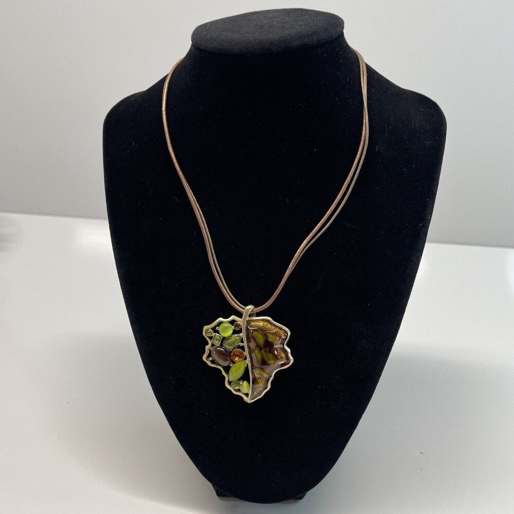 Vintage Kenneth Cole Enamel Leaf Rhinestone Cats‎ Eye Double Cord Necklace N10
